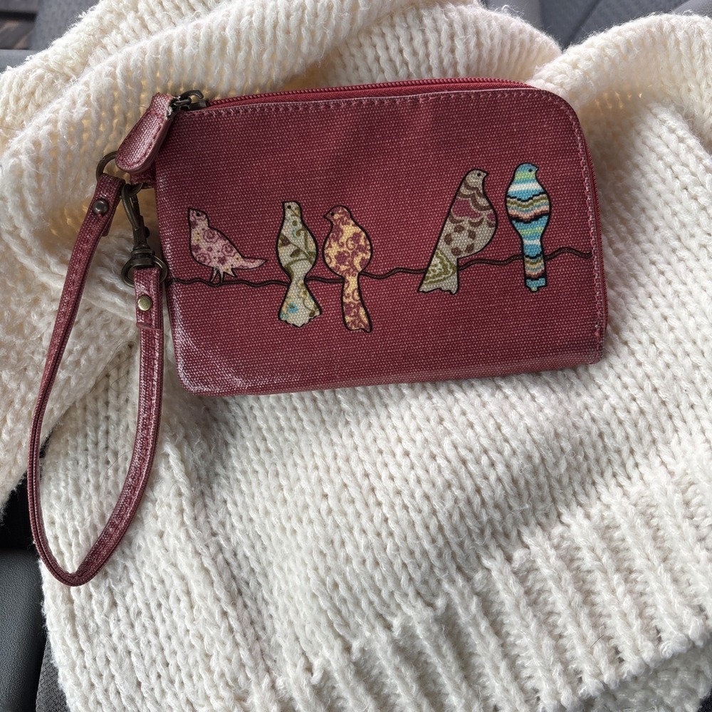 Birds On A Wire Red Wristlet By Mariposa #132313 No Strap Zippered Wallet Cotton